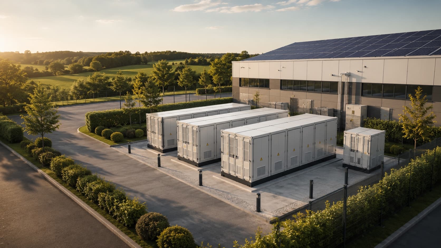 Containerised commercial battery energy storage outside a solar-equipped facility